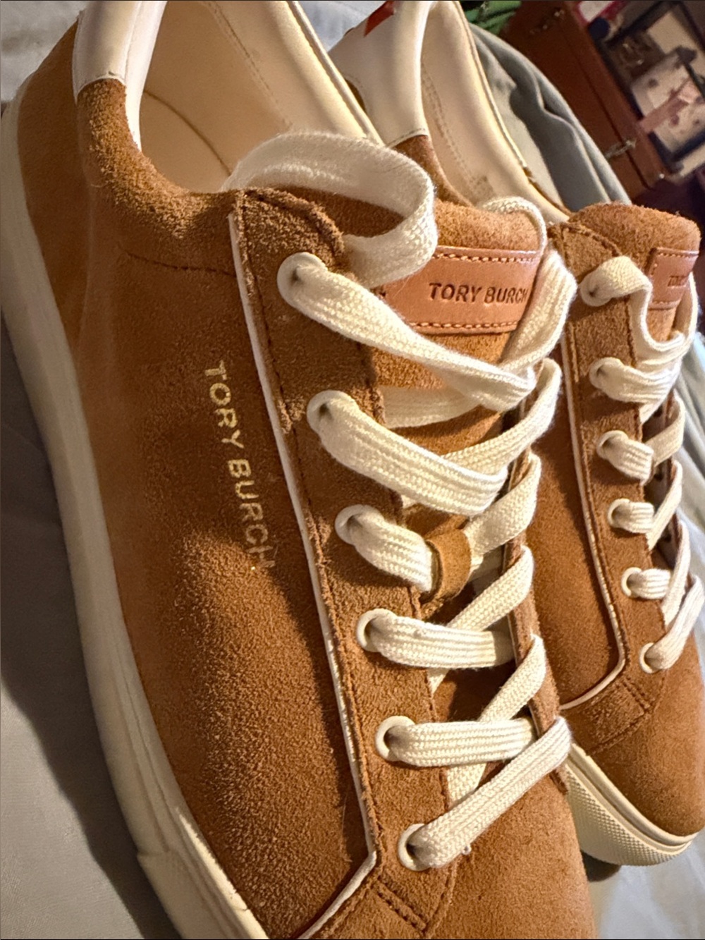 Tory Burch Camel Suede Low-Top Sneakers with Cream Accents - Picture 16 of 16